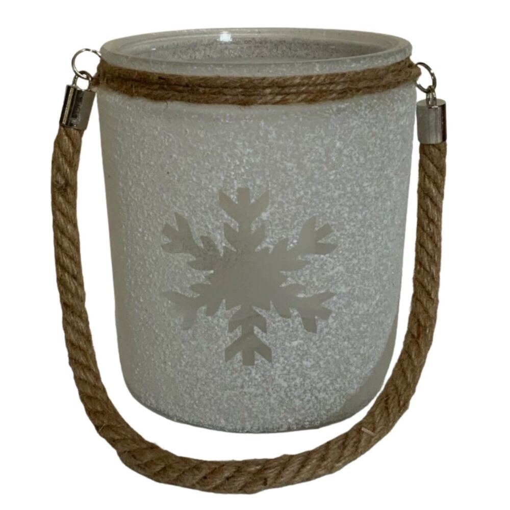 Frosted Snowflake Decorative Bucket Rope Handle Lantern Style Decor Gray